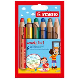 STABILO Crayon multi-talents woody 3 en 1, étui carton de 6
